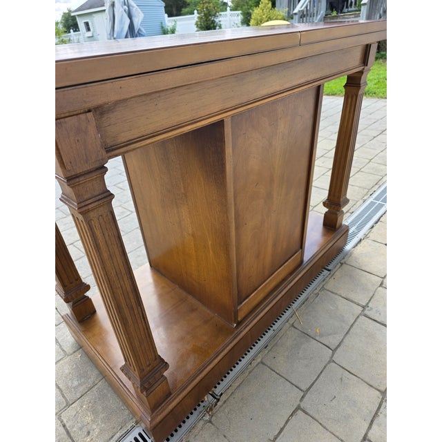Brown 1960s Vintage Thomasville Lion’s Head Walnut Hardwood Credenza / Buffet / Serving / Server Table With Flip Top on Wheels For Sale - Image 8 of 17