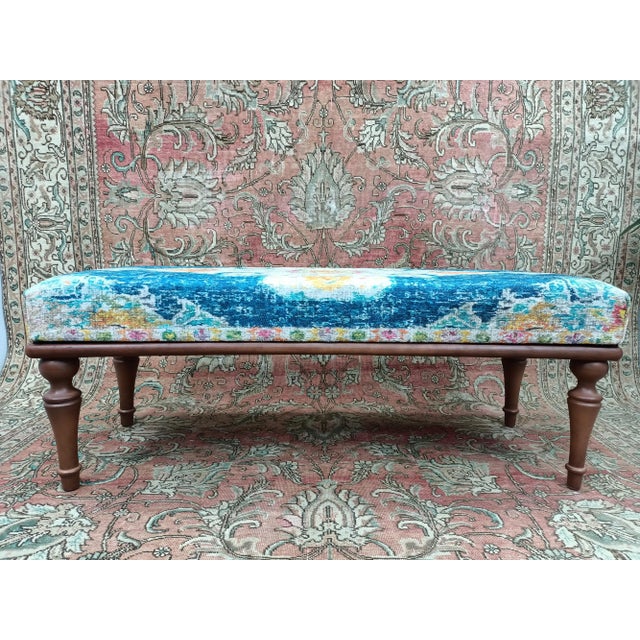 Boho Blue Rug Print Fabric Upholstered Bench For Sale - Image 9 of 9