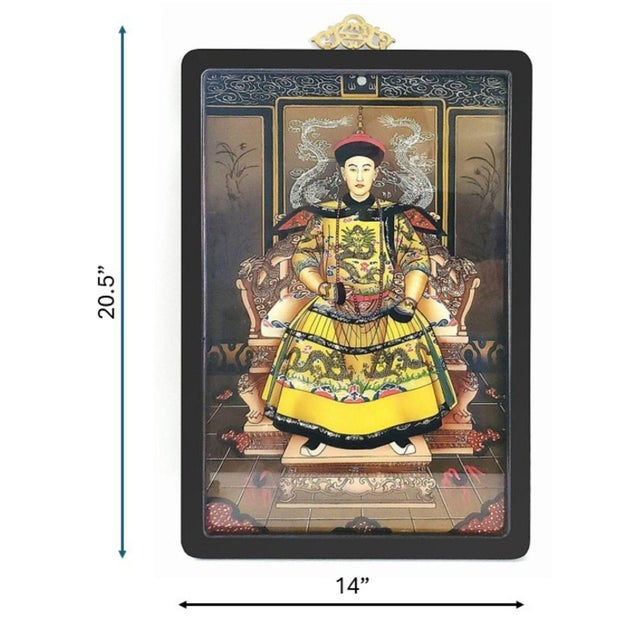 Asian Style Pair Reverse Painted Glass Chinese Emperor and Empress Ancestral Portrait Paintings For Sale - Image 4 of 17