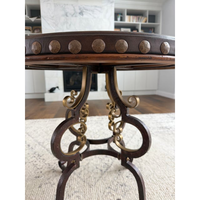 English Ferguson Copeland “Highlands” Collection Round Parquet End Table With Iron Scroll Base For Sale - Image 3 of 7