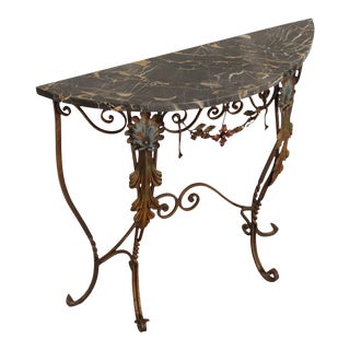 1930s Art Deco Wrought Iron Marble Top Console Table For Sale