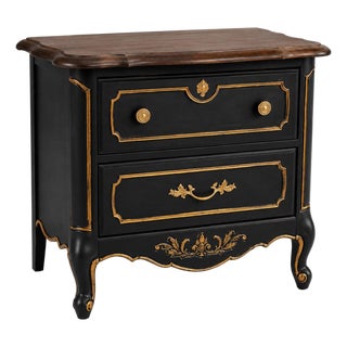 Early 20th Century Stanley Furniture French Provincial Nightstand in Satin Walnut, Onyx Black & Gilded Gold For Sale