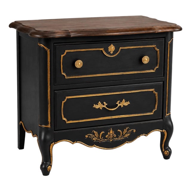 Early 20th Century Stanley Furniture French Provincial Nightstand in Satin Walnut, Onyx Black & Gilded Gold For Sale