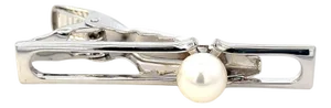 1990s Mikimoto Estate Akoya Pearl Mens Tie Clip 7 mm Silver