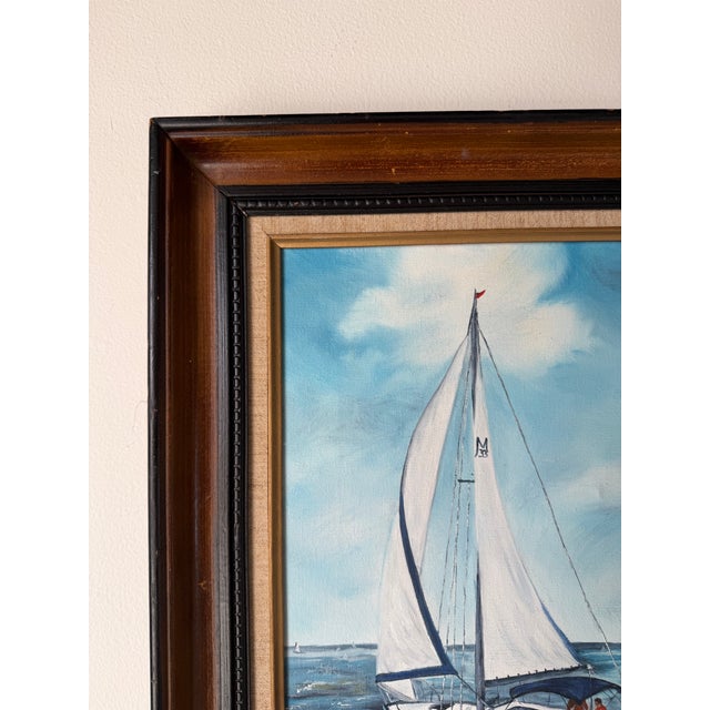 1970s Vintage R. Fisher Sailboat Oil on Canvas Painting – Framed For Sale In Miami - Image 6 of 12