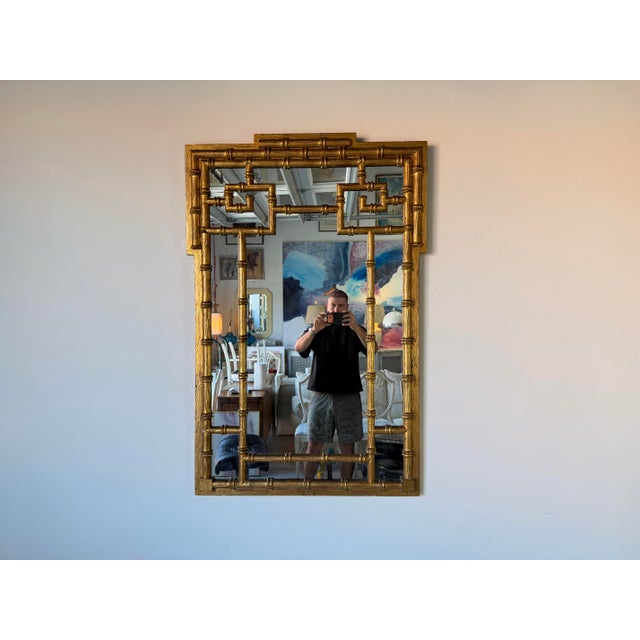 Hollywood Regency 1970’s La Barge Hollywood Regency Faux Bamboo Gilt Greek Key Wall Mirror For Sale - Image 3 of 12