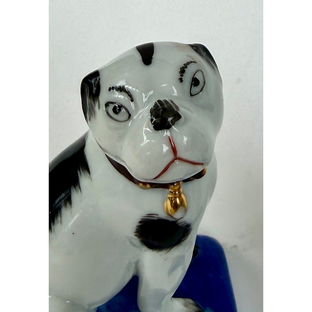 A charming antique pair of porcelain pug dog figurines, each seated on a cobalt blue base. The dogs are modeled with...