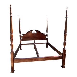 Late 20th Century Vintage Cherry Rice Carved Four Poster Cali King Bed Frame. For Sale