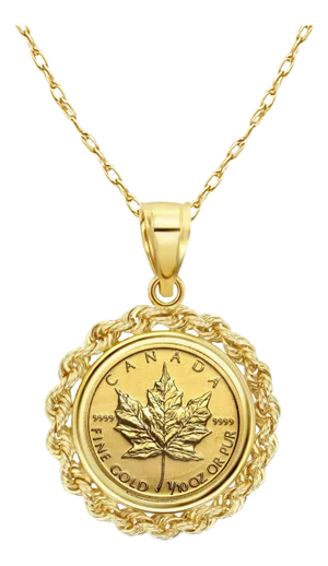 1/10OZ Fine Gold Canadian Maple Leaf Coin Necklace with Rope Bezel 16"