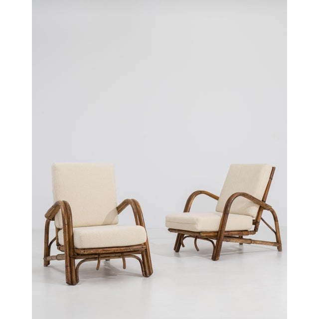 Pair of Faux Bamboo Reclining Armchairs With Bouclé Upholstery Cream Mid 20th Century For Sale - Image 4 of 16