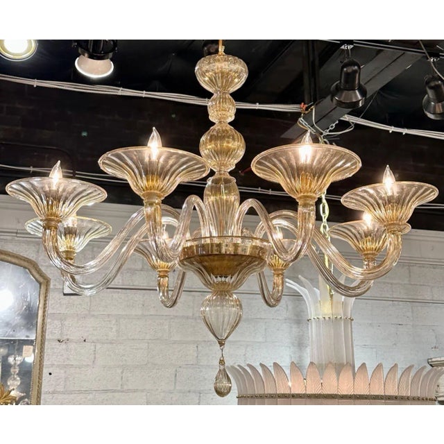 Gold Modern Gold Glass Murano Chandelier With 8 Arms For Sale - Image 8 of 8