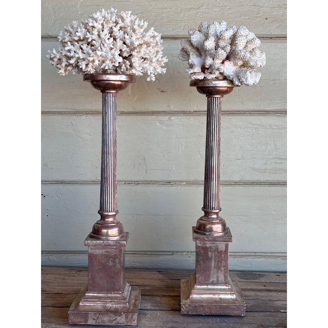 Wood Pair of Vintage Neoclassical Carved Water Giltwood Columns With Natural Specimen For Sale - Image 7 of 10