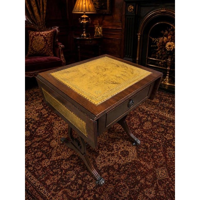 Hollywood Regency Regency Mahogany Drop-Leaf Side Table with Gilt Leather Top For Sale - Image 3 of 9
