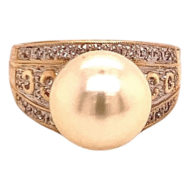 Natural South Sea Pearl Diamond Ring 7 14k Yellow Gold 0.14 CTs Certified For Sale
