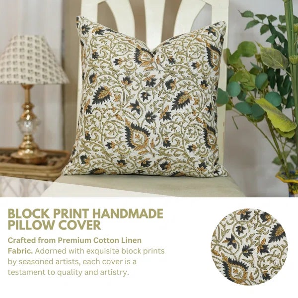 Brighten your space with the floral elegance of Fabdivine’s Hawamal block print cushion cover. Handcrafted on Cotton...