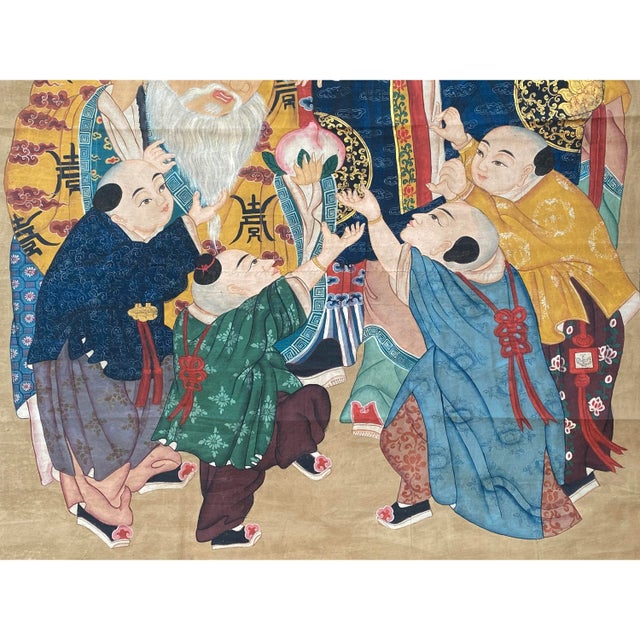 Textile Large Chinese Vintage Canvas Color Ink SanXing (Fu Lu Shou) Painting Art For Sale - Image 7 of 11