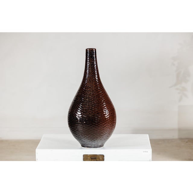 Large Deep Mahogany Brown Artisan Ceramic Vase with Honeycomb Texture For Sale - Image 18 of 18
