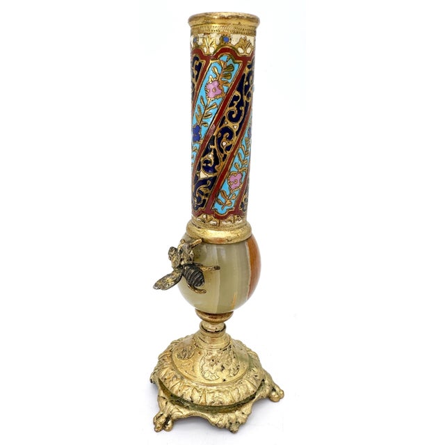 Gemstone 19th C French Ormolu, Onyx Champleve Enamel Bud Vase with Applied Bee For Sale - Image 7 of 10