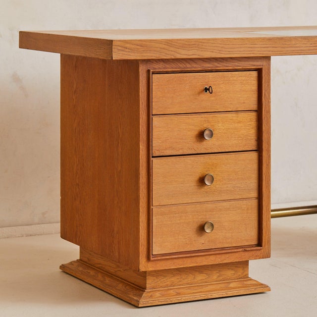 Mid-Century Modern French Oak Architect’s Desk with Inset Glass Top, 1950s For Sale - Image 3 of 11