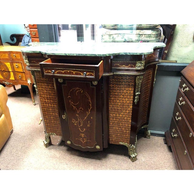 Vintage Louis XV French Style Gilt Bronze Mounted Parquetry Marble Top Cabinet Sideboard Credenza For Sale - Image 13 of 17