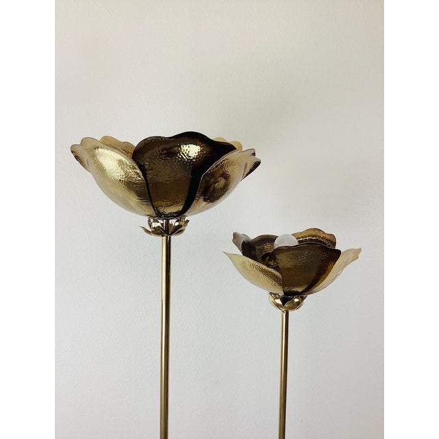 Vintage 1980s Brass Lotus Floor Lamp made of brass 2 tall lotus flowers with textured petals each holds a standard bulb...