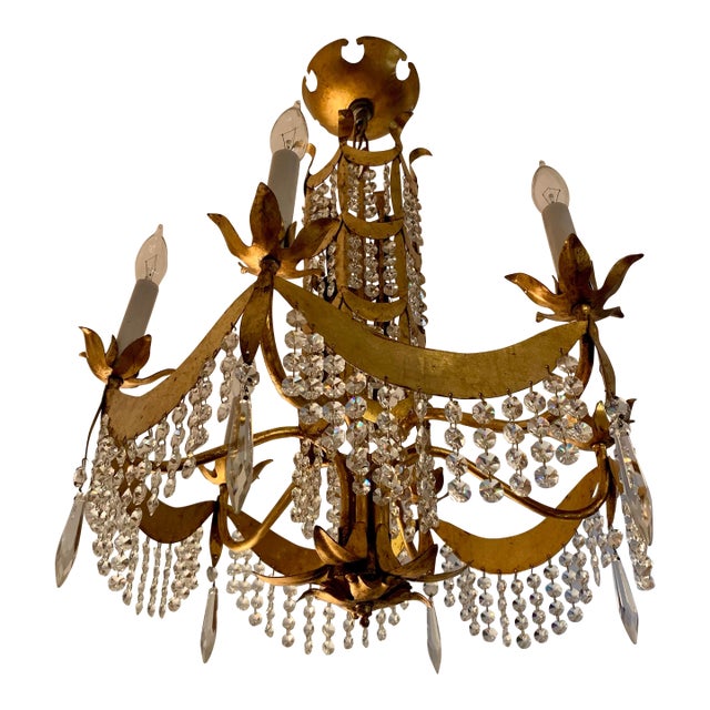1940s Crystal Fringe Chandelier; Six Light, Hammered Brushed Brass, Glass Crystal Hollywood Regency Lighting For Sale