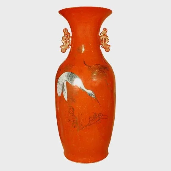 Persimmon With White Crane Phoenix Tail Vase With Handles For Sale - Image 4 of 5