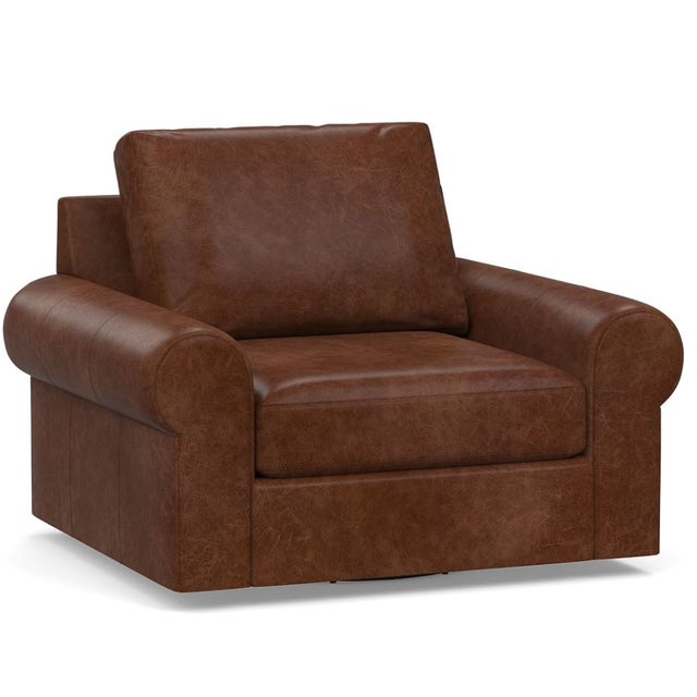 Animal Skin Pottery Barn Big Sur Roll Arm Leather Swivel Chair For Sale - Image 7 of 7