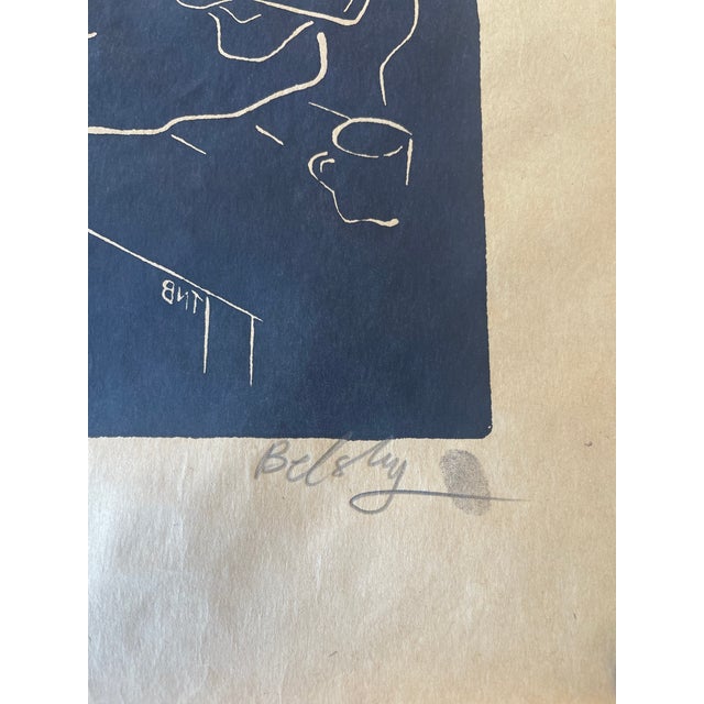 "Luta" Limited Edition Linocut Print by Belsky, Numbered 62/100, Hand Signed With Fingerprint, Modern Figurative Guitarist Portraitur. For Sale - Image 10 of 10