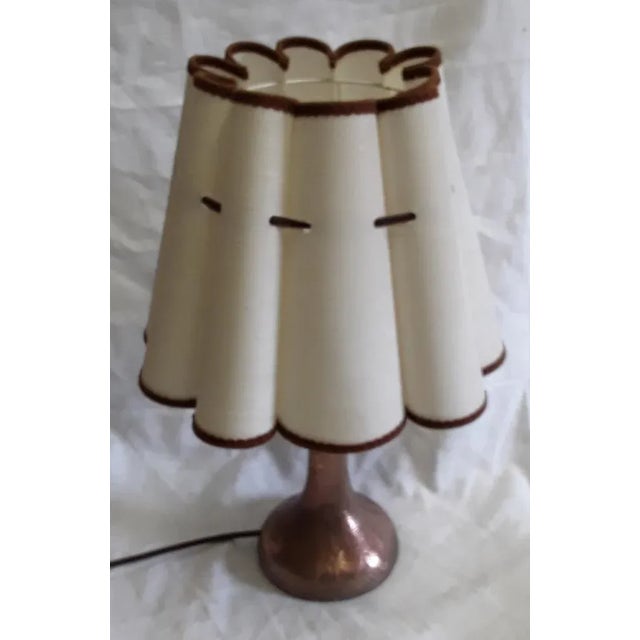 Art Nouveau Table Lamp with Formerly Silver Plated Copper Base & Segmented Beige Fabric Shade with Brown Ribbons For Sale - Image 3 of 6