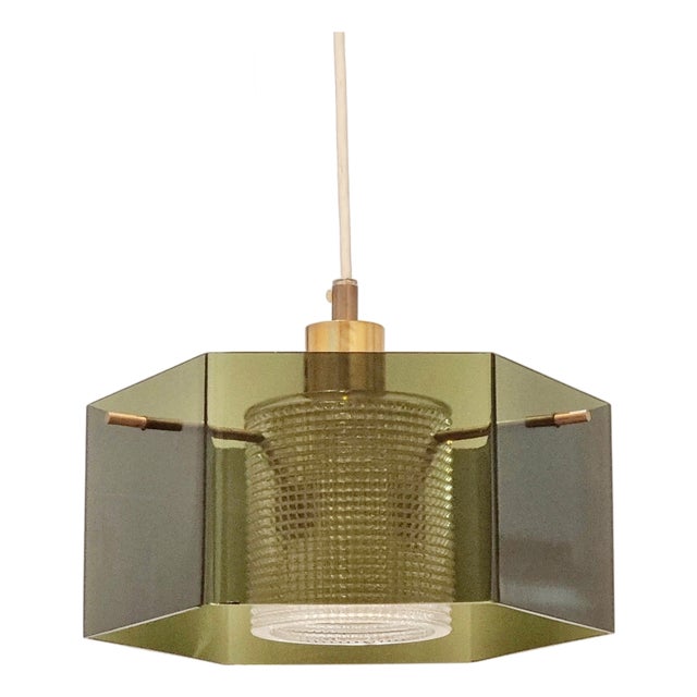 Mid-Century Scandinavian Glass and Brass Pendant attributed to Carl Fagerlund for Orrefors, Sweden, 1960s For Sale