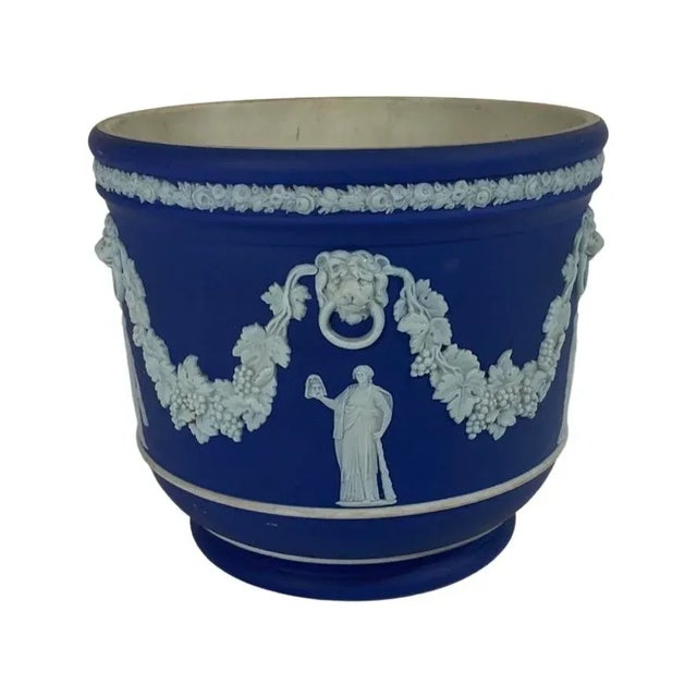 Late 19th Century Small Cobalt Wedgwood Jasperware Cachepot with Neoclassical Design.