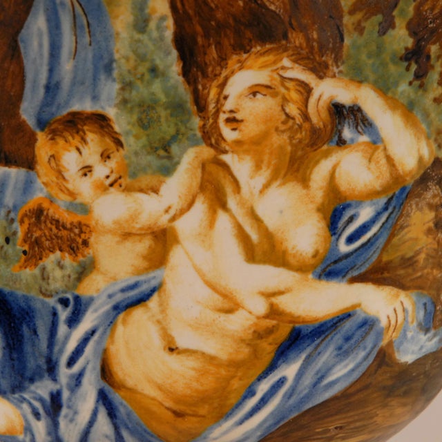 Tall Italian Majolica Serpentine Handles Vase with Separate Base Depicting Mythological Scene by Annibale Carracci, Farnese Gallery, Rome, 1597 For Sale - Image 5 of 13