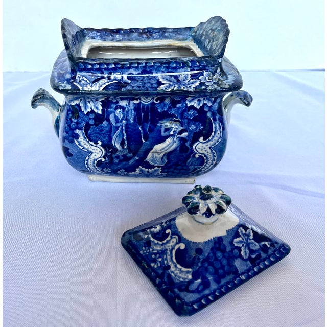 English Antique Adams Staffordshire Historical Blue Transferware Covered Sugar Bowl, C. 1820s For Sale - Image 3 of 18