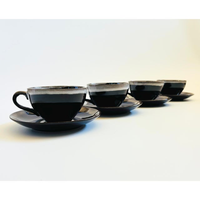 Mid-Century Modern Mid 20th Century Mid Century Modern Brown Drip Glaze Mugs and Saucers - Set of 4 For Sale - Image 3 of 11
