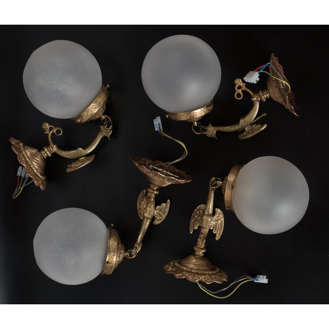 1950s Spanish Empire Cast Brass Dragon Sconces With Scavo Glass Globes - A Set of 4 For Sale - Image 11 of 11