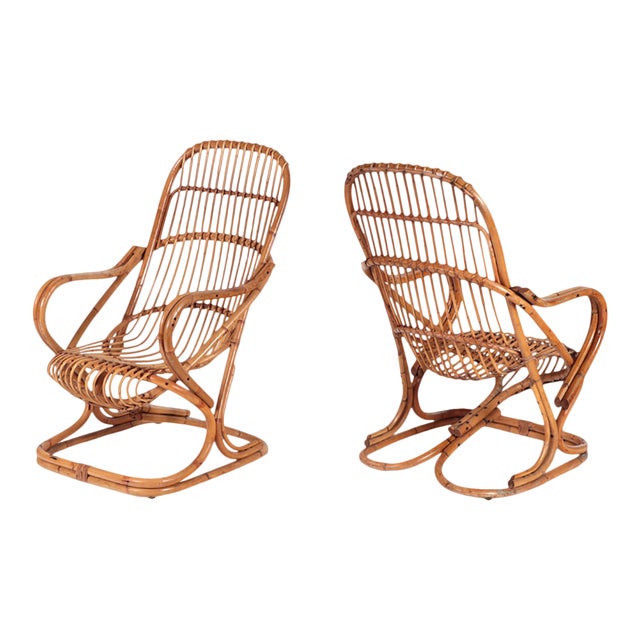Italian Mid-Century Modern Rattan Lounge Arm Chairs - a Pair For Sale