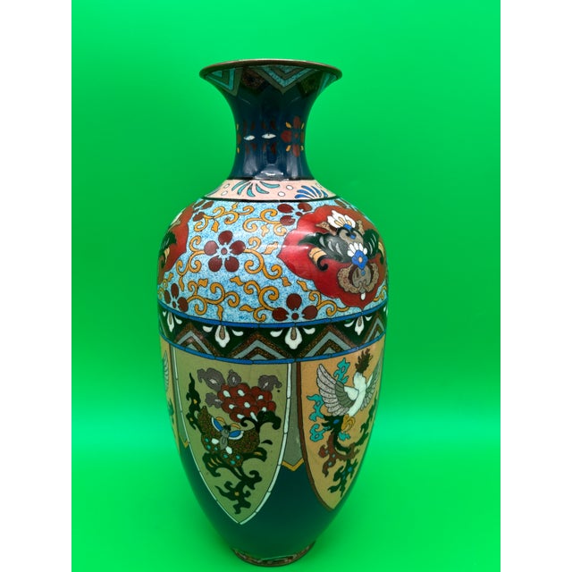 Large Antique Meiji Japanese Cloisonne Dragon Ho-O Phoenix Shield Vase 11.75” For Sale - Image 10 of 11
