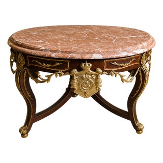 French Center Table – Gold Leaf Wood Base With Glass Top & Marble Look Design For Sale