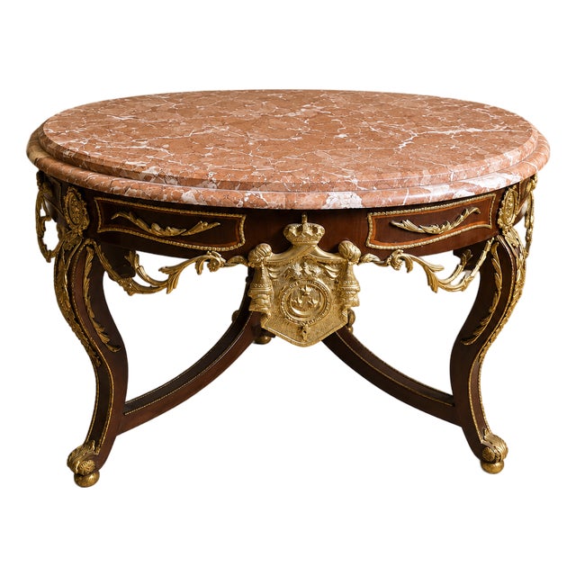 French Center Table – Gold Leaf Wood Base With Glass Top & Marble Look Design For Sale