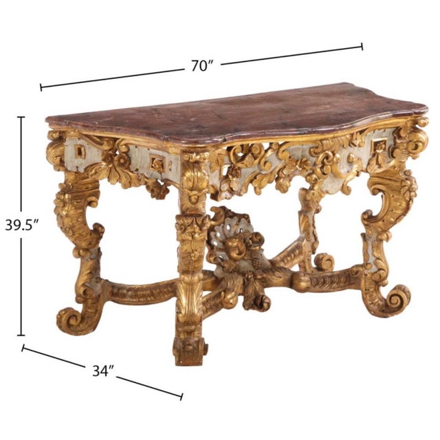 Rococo Early 19th Century Large Scale Roccoco Painted Venetian Italian Console Table With Faux Marble Top. For Sale - Image 3 of 11
