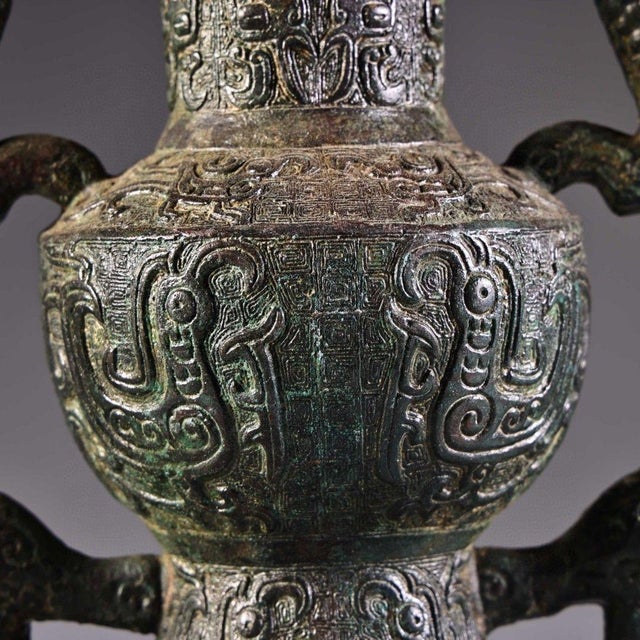 Bronze Pair of Chinese Archaistic Bronze Vases With Dragon Handles For Sale - Image 8 of 10