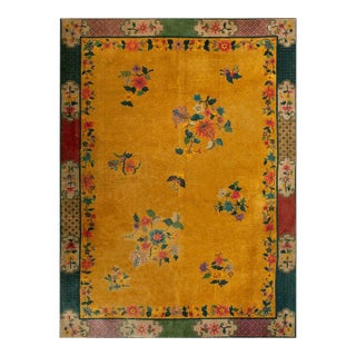 1920s Yellow Florid Antique Chinese Art Deco Carpet 7'2" X 9'10" Handknotted Wool Rug For Sale