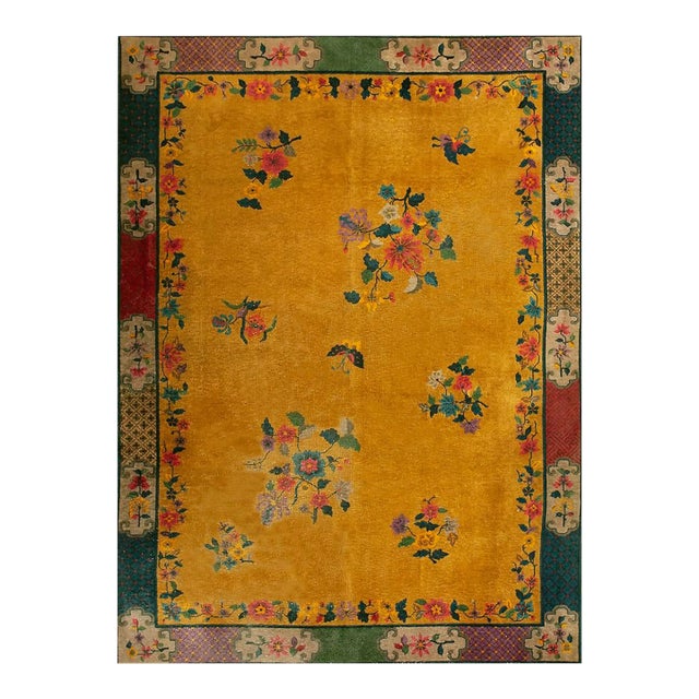 1920s Yellow Florid Antique Chinese Art Deco Carpet 7'2" X 9'10" Handknotted Wool Rug For Sale