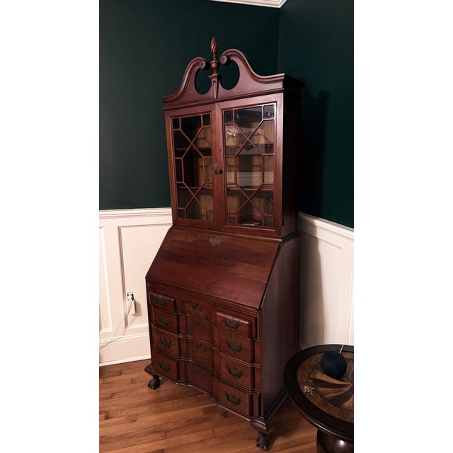 English Mid 20th Century Tall Double Glass Doors Ball & Claw Carved Finial Drop Block Front Secretary For Sale - Image 3 of 3