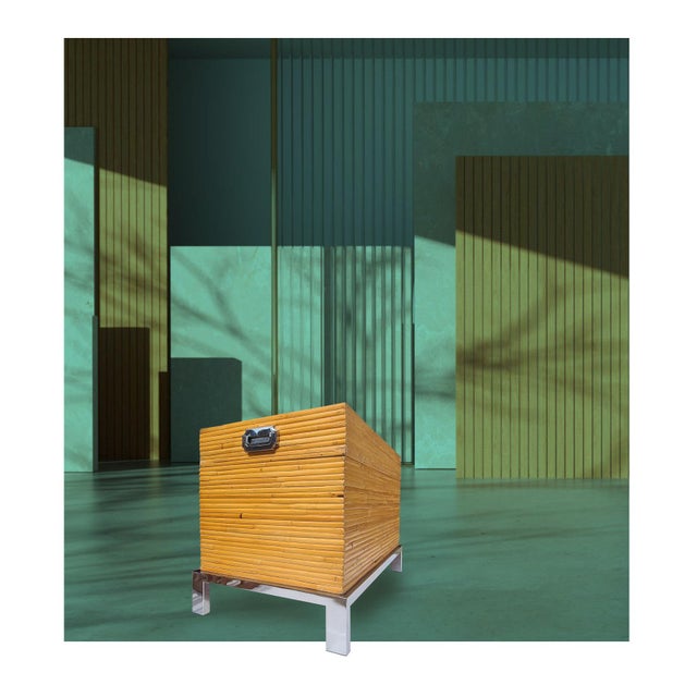 1970s 1990s Rare Rattan & Chrome Chest With Geometric Design Attributed to Milo Baughman for Thayer Coggin For Sale - Image 5 of 16