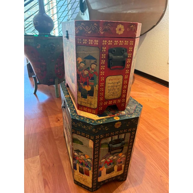 Antique Hand-Painted Asian Wedding Chests (Pair) – Lacquered Wood, Figural Scenes For Sale - Image 4 of 6