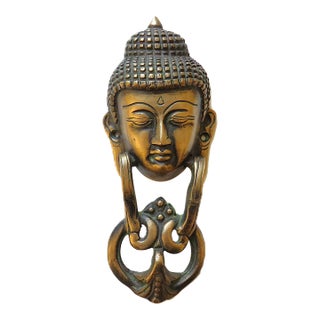 Figural Buddha Head Door Knocker Bronzed Cast-Iron Door Knocker Mid Century Modern Vintage For Sale