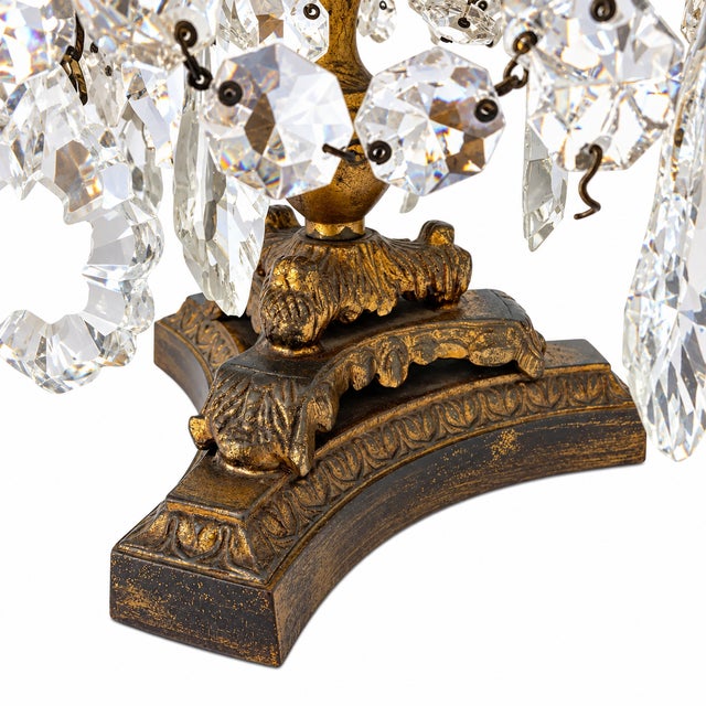 X-Large Pair of Antique French Louis XVI Style Crystal Cut & Gilt Metal Girandoles/Candelabras, Baccarat Style, Table Lamps For Sale - Image 9 of 11