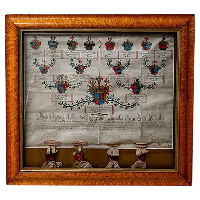 Antique German Glass Framed Heraldic History, 1800s For Sale
